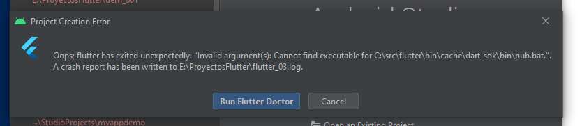 Error en Flutter: Oops; flutter has exited unexpectedly: "Invalid argument(s): Cannot find executable for...